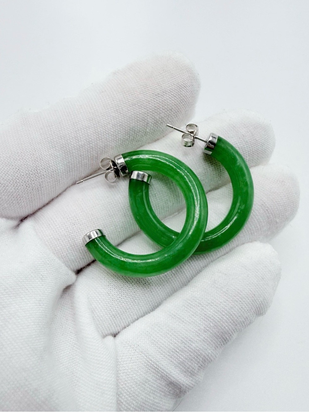.925 Sterling Silver Green Jade Post Hoop Earrings